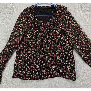 J. Crew Shirt Womens Small Black‎ Floral Gold Metallic Ruffle Neck Blouse Ladies